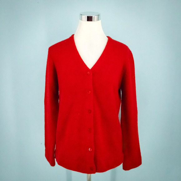 White + Warren Size Small S Red V Neck Button Cashmere Cardigan Sweater - Picture 1 of 6